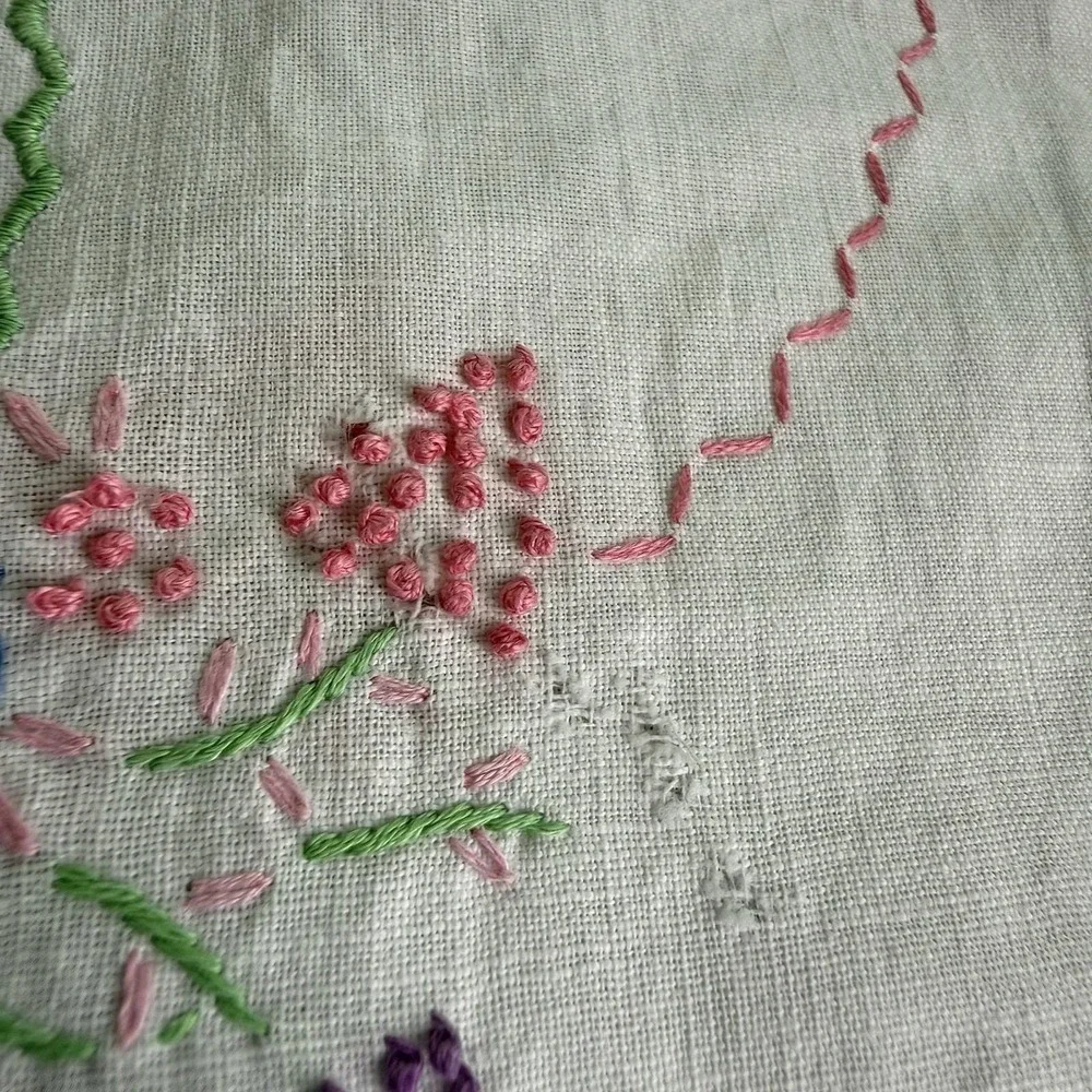 Vtg Embroidered Crochet Dresser Scarf Table Runner Flower Basket Thin Fabric EUC